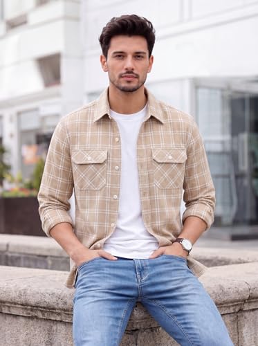 Image of Amazon Brand - INKAST Men's Cotton Blend Button Down Shirt || Long Sleeve Casual Flannel Check Shirt || Soft Breathable Lightweight Collared Shirts with Two Flap Chest Pockets || Stylish Everyday Wear