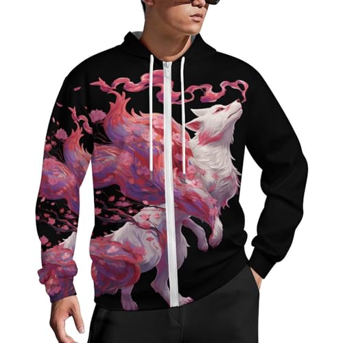 Japanese Prints Fall Men's Long Sleeve Zip Up Hoodies Drawstring Hooded Cardigan