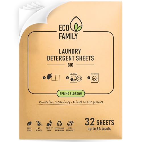 Eco Family Laundry Detergent Sheets Bio | 32 Sheets (Up to 64 Washes) | Spring Blossom | Concentrated Eco-Friendly | Natural Enzymes, Plastic-Free, Non-Toxic, Vegan | Removes Tough Stains | HE Safe