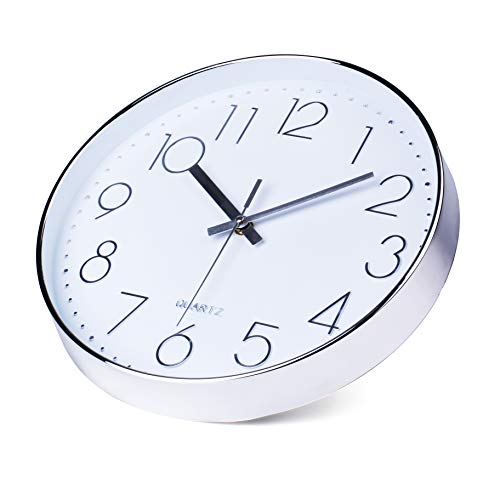 Image of jomparis Modern 12 inch Battery Operated Silent & Non-Ticking Wall Clock Digital Quiet Sweep Office Decor Clocks,Plastic Frame Glass Cover (Silver,Arabic Numeral)