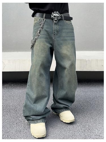 Verdusa Men's Grunge Wide Leg Jeans Vintage Streetwear Denim Pants with Pockets3