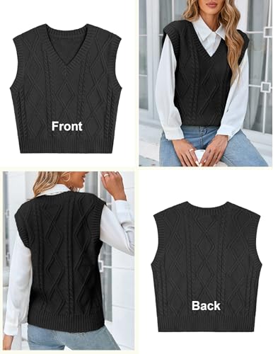 Women's V Neck Knit Sweater Vest Fall Houndstooth Sleeveless Pullover Crop Knitwear Preppy Style Tank Tops 20243