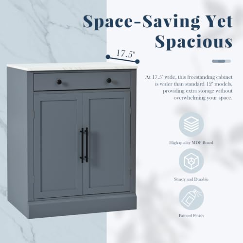 Image of Modern Freestanding Kitchen Pantry,Buffet Food Storage, Coffee Bar Cabinet with Drawer, 2 Adjustable Shelves and 2 Door Shelves for Dining, Kitchen, White (Gray + MDF + Farmhouse-1)