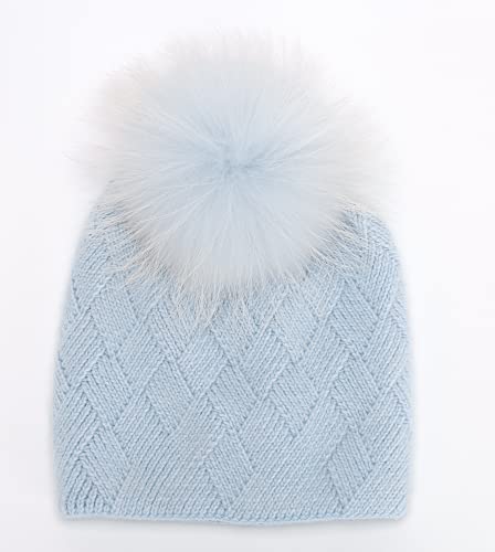 Women Double Layers Real Fur Pom Pom Cashmere Slouchy Beanie Winter Pom Pom Knit Hat (Blue) #TOP4