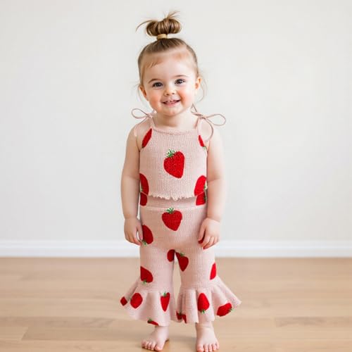 Strawberry Outfit Baby Girl Summer Clothes Toddler Kid Bow Print Sleeveless Camisole Tank Top Flare Pant Sets 0-5T 6