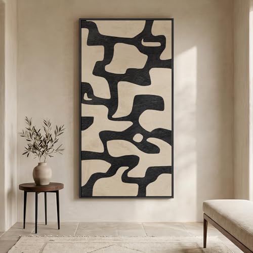 Large Framed Neutral Abstract Wall Art, Black Beige Mid Century Modern Vertical Canvas Prints Paintings Artwork for Walls, Organic Pictures Wall Decor for Hallway Living Room Bedroom Office, 30x60 In