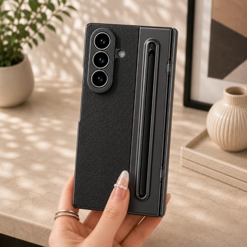 Image of amazon basics Premium Genuine Leather Case for Samsung Galaxy Z Fold 8 Ultra - Slim Fit Luxury Business Cover with Built-in S Pen Slot & Magnetic Hinge Protection - Midnight Black