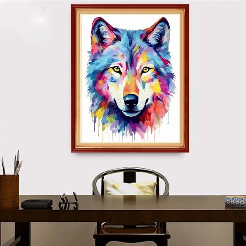 Image of Redxing Stamped Cross Stitch Kits Embroidery kit for Beginners Adults Full Range of Embroidery Patterns Starter Kits DIY Printed Cross Stitch Kits Needlepoint Kits 11CT-Rainbow Wolf 16x20 inch