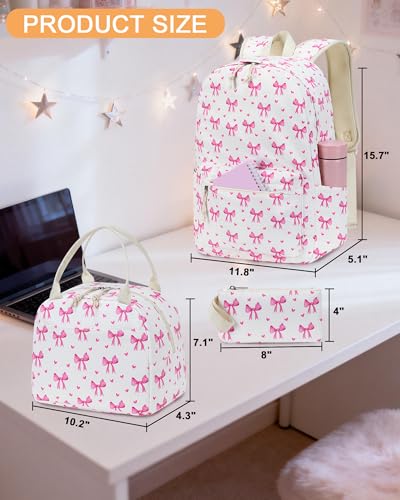 Image of LOIDOU Backpack for Teen Girls Bookbags School Backpack with Lunch Box and Pencil Case 3 in 1 School Bags Set (Bow Tie Pink Beige)