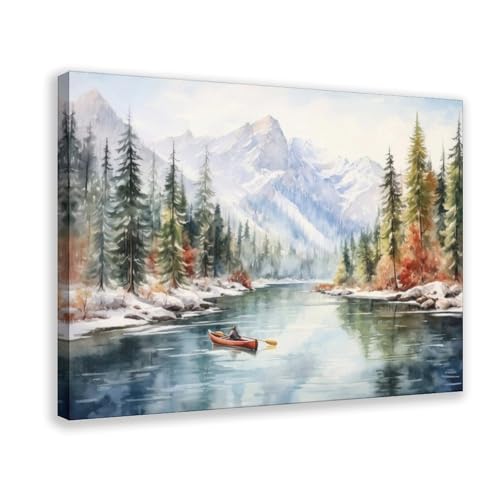 Toile aquarelle paysage d'hiver kayak décoration chambre 30x45 cm