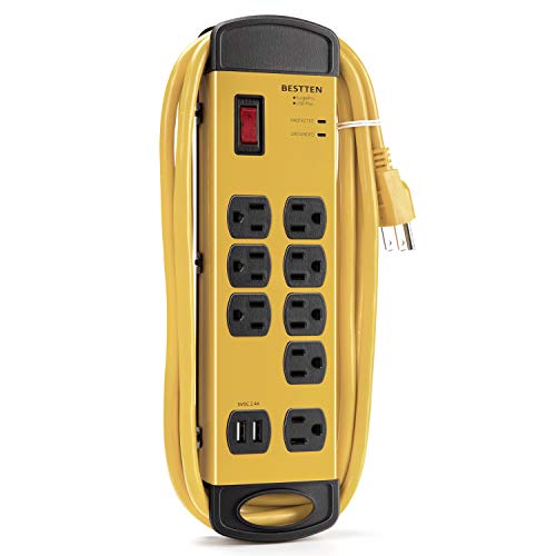 BESTTEN 1350-Joule Heavy Duty Metal Power Strip Surge Protector with 10-Foot Long Extension