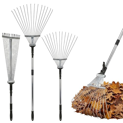 Fine Garden 25 Tines Garden Rake Extendable Leaf Rake 77-165cm Adjustable Lawn Rake for Leaves Grass & Garden Debris Metal Yard Rake Lawn Levelling Cleaning Tool for Gardening & Outdoor Cleanup