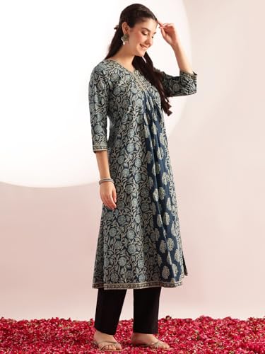 Image of Vbuyz Cotton Floral Printed A-Line Mirror Work Kurta for Women