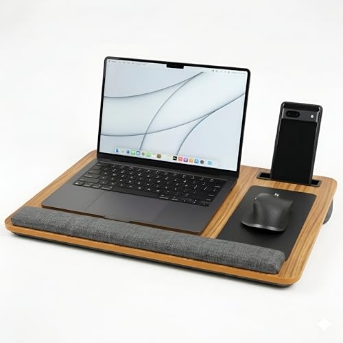 Image of Artikel Lap Desk Pillow for Laptop - Fits Up to 17 inch Laptop Portable Bed Desk Tray Built-in Mouse pad& Wrist Support-Wooden Lapdesk for Work from Home & Study with Cushion (Walnut Wood)