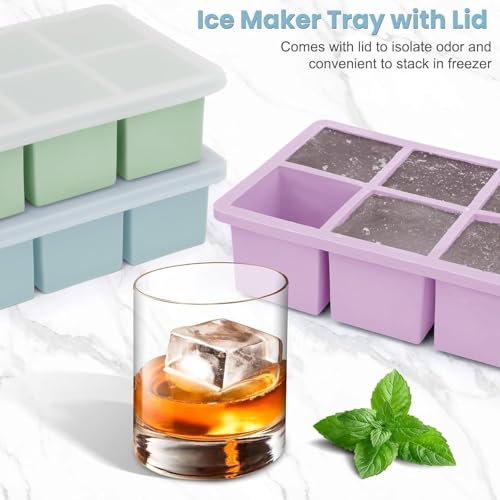 Image of Ice Cube Molds with Lid,Big Silicone Ice Cube Tray for Whiskey,2Inch Square Ice Cube Tray,Easy-Release Ice Mold,Giant Ice Cubes for Bourbon Cocktail (3, Green, Blue & Purple)
