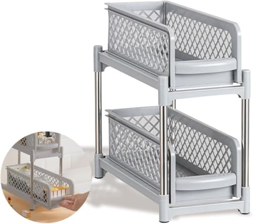 しんくした収納ラック 引き出し シンク下 スライド 2段かご 収納 シンクした収納 シンクした収納ラック キッチン収納ラック 調味料ラック 卓上整理ラック 深型 大容量 省スペース 組立簡単 おしゃれ キッチン 台所 バスルーム 洗面台下 収納 (グレー,