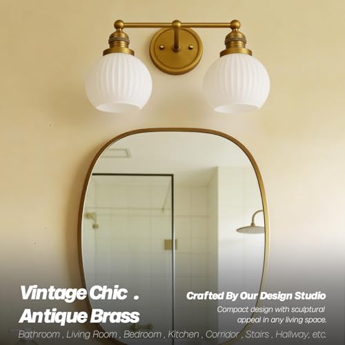Image of 2-Lights Bathroom Light Fixtures, Vintage Milk White Glass | hardwired gold wall mounted lamp for bathroom mirror to elevate decor & refresh older home's look,DIY-friendly,UL,E26