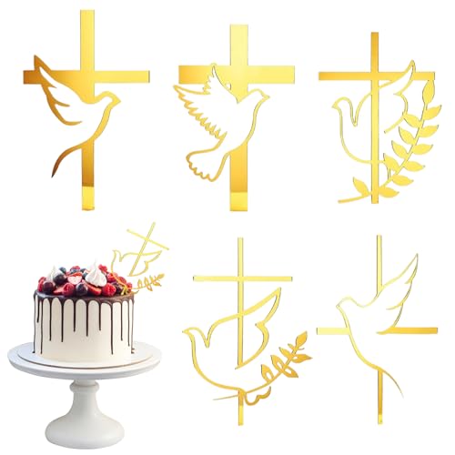 Décoration de gâteau baptême et communion en acrylique Ensemble de 5 décorations en forme de colombe de paix et croix, couleur or, pour un gâteau...