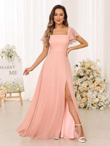 YMSHA Short Sleeve Bridesmaid Dresses with Slit A Line Pleated Formal Dress YMS3483