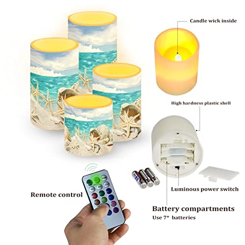 Image of LED Flickering Candles Battery Operated Candles Set of 4 with Remote Control Timer Dancing Flame Pillar Candles Home Table Coastal Decoration, Beach Sky with Starfish