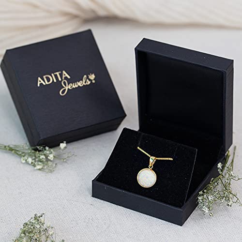 14K Gold White Opal Necklace - 14K Solid Yellow Gold Dainty Necklace with October Birthstone Pendant, 12mm Large Size Opal Gemstone - Handmade Bridal Wedding Jewelry for Brides & Classy Women