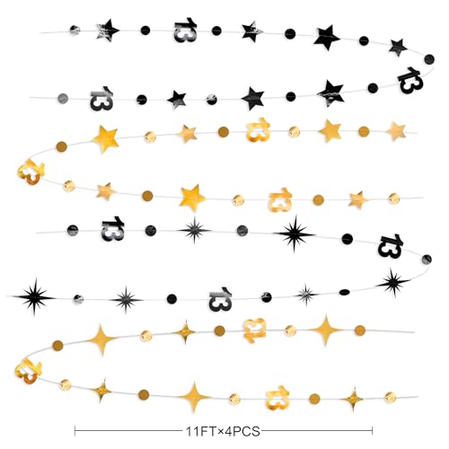 Image of Black Gold 13th Birthday Decorations Number 13 Circle Dot Twinkle Star Garland Metallic Hanging Streamer Banner Backdrop Girls Boys 13 Years Old Birthday Thirteen Official Teenager Party Supplies