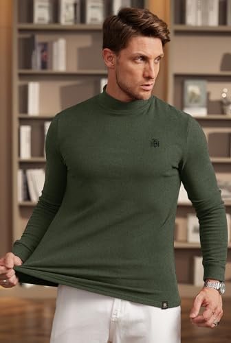 Image of Herberton Mens Mock Turtleneck Shirts Thermal Fleece Casual Undershirt | Mockneck, Long Sleeve, Warm Fleeced, Regular Fit, Soft Feel, Stretchy, Solid Color, Embroidery Design, Cold Weather, S-2XL
