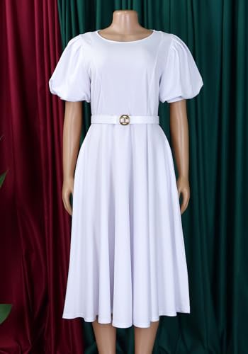 HuiSiFang Women's Elegant Dress High Waisted Ruched Solid Color A Line Puff Sleeve Dresses Pleated Maxi Dress with Belt4