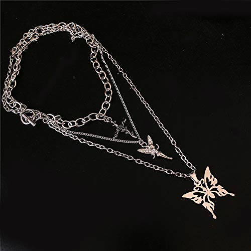 Xerling Silver Crystal Fairy Necklace Butterfly Pendant Chain Cross Toggle Chunky Choker Multi Layered Punk Boho Jewelry for Women and Girls - Image 5