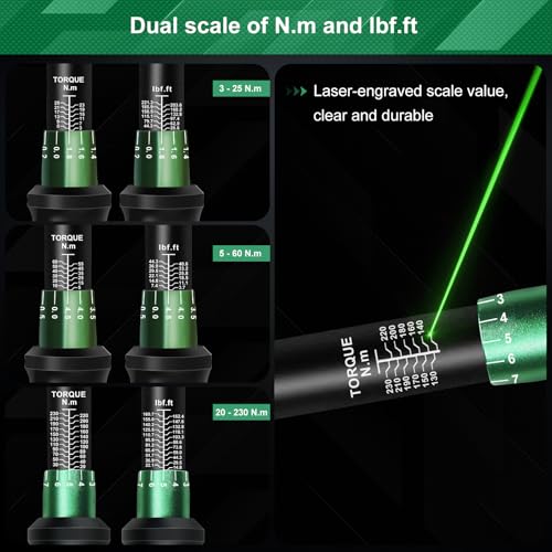 Uharbour Torque Wrench Set 1/4, 3/8, 1/2 Inch, 3-25, 5-60, 20-230 Nm, Adapter, 3% Accuracy, 72 Teeth Ratchet for Car, Motorcycle, Bicycle