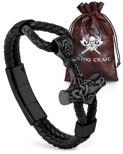 VIKING CRAFT Wikinger Lederarmband Thor - Wikinger Armband Herren aus Leder u. Edelstahl - WikingerSchmuck Armreif Mjölnir, Wikinger-Deko, Mittelalter Deko Geschenke Männer Schmuck Viking