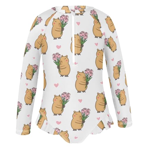 Capybara Tulip Heart Pattern Girls Long Sleeve Swimsuit Rash Guard One Piece Bathing Suits Zipper 3-12T2