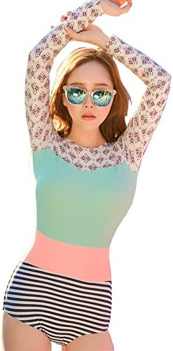 Azyuan Women's Long Sleeve Splicing Floral Stripe one-Piece Swimsuit