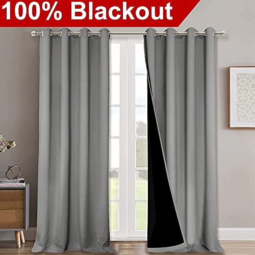 Image of NICETOWN 100% Blackout Blinds, Laundry Room Decor Window Treatment Curtains for Large Patio Sliding Door, Thermal Insulated Silver Grey Curtains for Bedroom, Set of 2, 52 inches x 108 inches