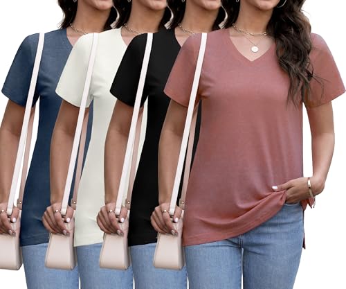 Womens 4 Pack V Neck Short Sleeve T Shirts Casual Loose Fit Tops Flowy Basic Tee Side Split Outfits Clothes2