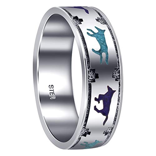 Southwestern Style Turquoise & Lapis Wolf 925 Silver 7mm Band 6