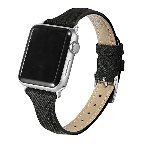 Secbolt Slim Woven Bands Compatible with Apple Watch Band 38mm 40mm, Classy Canvas Strap with Soft Leather Lining for iWatch Series 6/5/4/3/2/1, Black