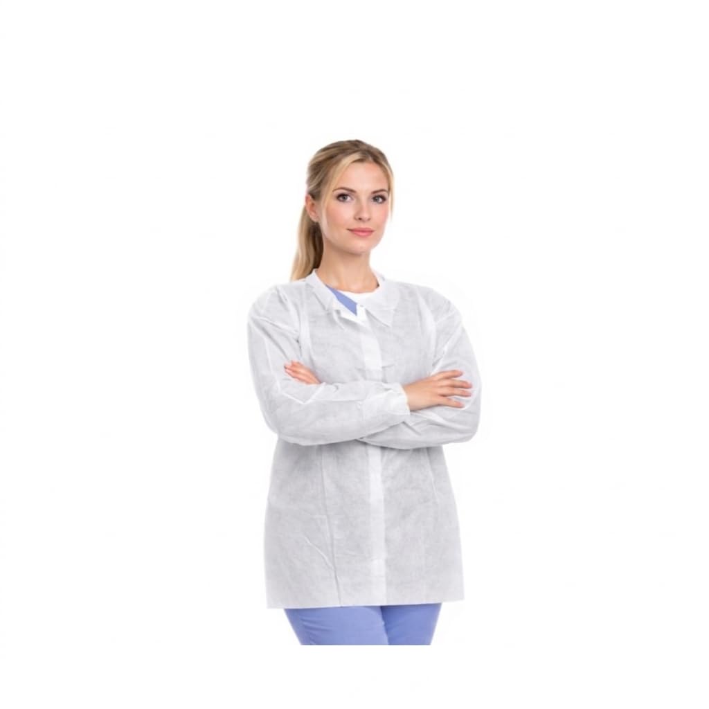 50 batas desechables de polipropileno 35 g blanco talla XL unisex con cierre frontal de sujeción tipo gancho y bucle, puños elásticos, uso sanitario alimentario EPI categoría 1