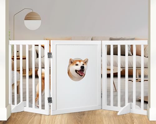 PEEK-A-PET Pet Gate - Wooden Dog Gate 24" Tall - Look-Through Puppy Gate - 3-Panel Freestanding Pet Gates for Dogs - Safety Gate with Support Feet