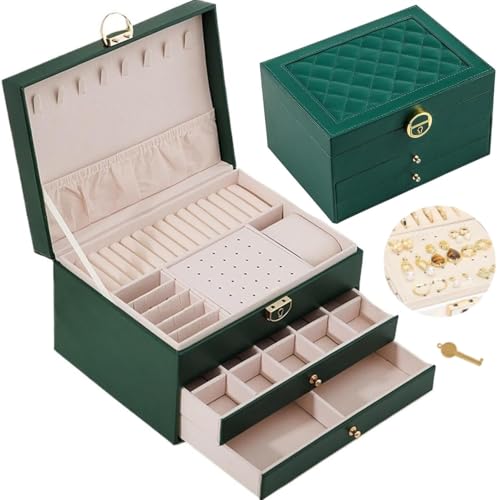Image of Vlando 3 Layer Jewellery Organiser Box, Large PU Leather Jewelry Storage Case With Drawers, Earrings, Rings, Necklaces Holder | Luxury Jewellery Box For Women & Girls Gift (Green)