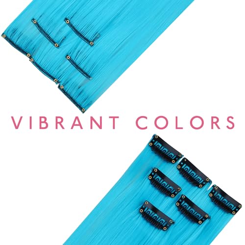 Image of WENNALIFE 12 PCS Sky Blue Hair Extensions Clip in, Colored Clip in Hair Extensions for Kids Highlights Rainbow Hair Clips for Girls Synthetic Straight Pop-up Style Colorful Girls Hair Accessories