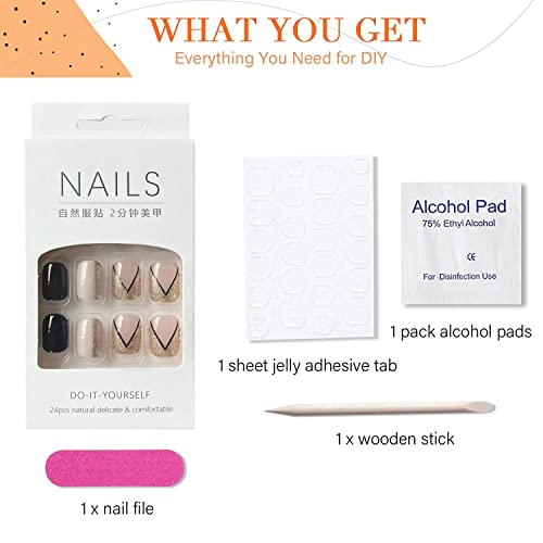 Square Fake Nails Short Press On Nails French Tip Stick On Nails Glitter Gold Foil False Nails With Designs Full Cove Acrylic Artificial Glue On Nails For Women Girls Manicure Art 24Pcs #TOP5