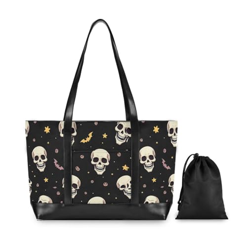 KLL Halloween White Skulls Yellow Stars Waterproof briefcase bag with zipper tote bag with zipper Large Handbag for college with diaper bolsa para computadora portatil mujer2