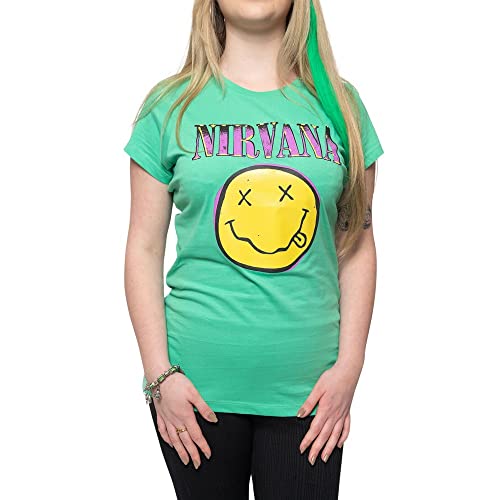 Nirvana Ladies Tee: Xerox Smiley Pink - Large - Green