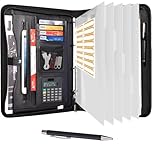 Leathario Portfolio Folder A4, Vegan Leather Conference Folder, 4-Ring Travel Document Holder with 5 5-Part File Dividers, Multi-Pocket Document Folder Organiser, Office Supplies