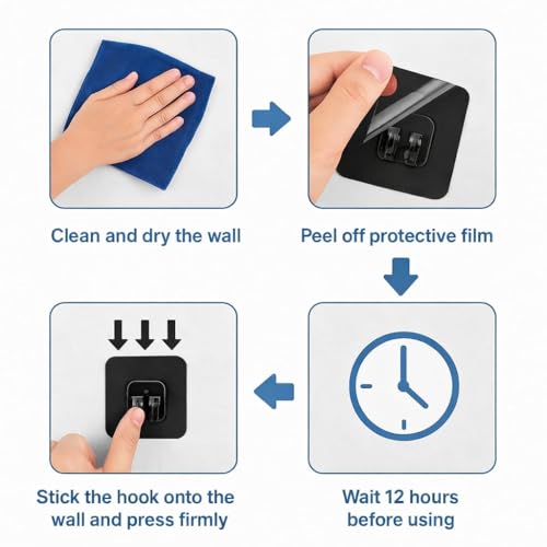 Image of 6 PCS Black Self Adhesive Wall Hooks Heavy Duty Sticky Wall Hanger Hooks Nail Free Waterproof Hooks for Bathroom Kitchen Home Office Towels Utensils Hanging Without Drilling Strong Hold