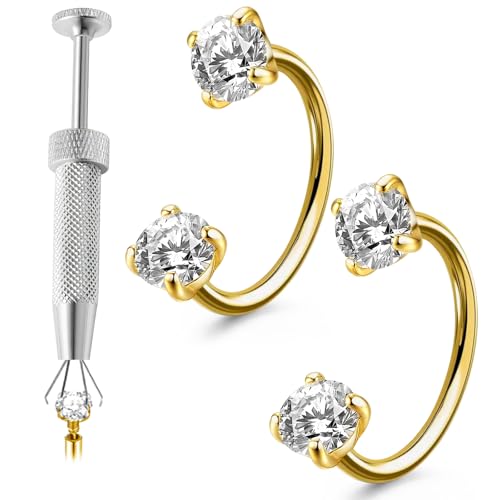 RIYSGHNQ 20G Stainless Steel Nose Ring Gold-Toned Horseshoe Hoop 2PCS with Piercing Tool Hypoallergenic Nickel-Free for Septum Cartilage Nostril Piercing Double Gem Gift for Women