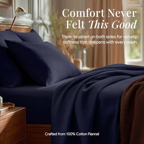Image of Tribeca Living Cal King Cotton Flannel Flat Sheet Only 170-GSM - Oversized 112 x 106 Inch Dimensions for Generous Bed Coverage - Soft Breathable Bedding in Dark Blue