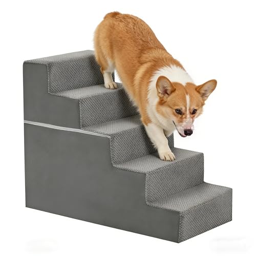 Simple Deluxe Dog Stairs for Small Dogs, 5-Step Dog Step for Puppy, Older Cat, Medium Pet Ramp for Sofa, Couch or Chair, Indoor Non-Slip Pet Ladder with High Density Foam, Gray