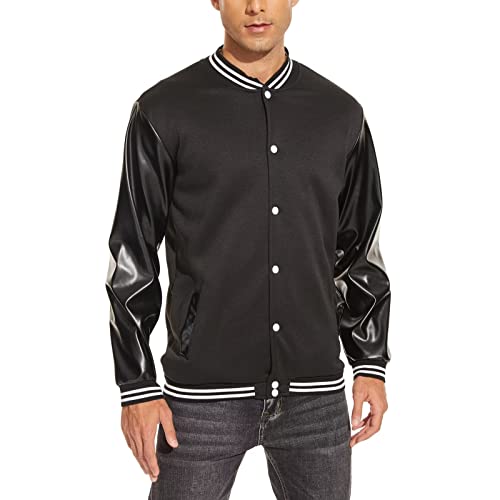 Men's Bomber Jackets Faux Leather Sleeves Varsity Baseball Jacket Vintage College Letterman Jacket Casual Sweatshirt #TOP2